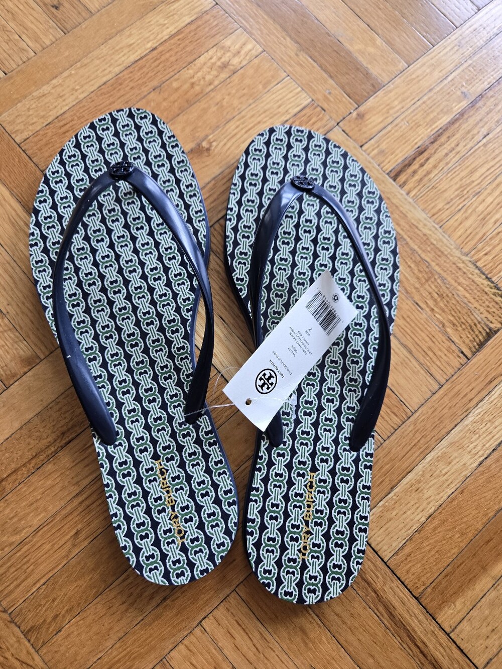 Brand New With Tags Tory Burch Printed Navy & Green Chelsea Flip Flop Sandals